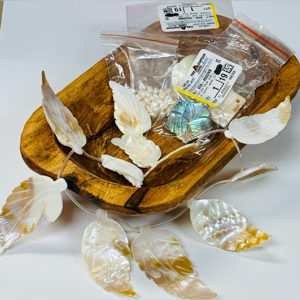 Carved MOP Leaf Strand, Fresh Water Pearls, Paua Shell & square shell beads